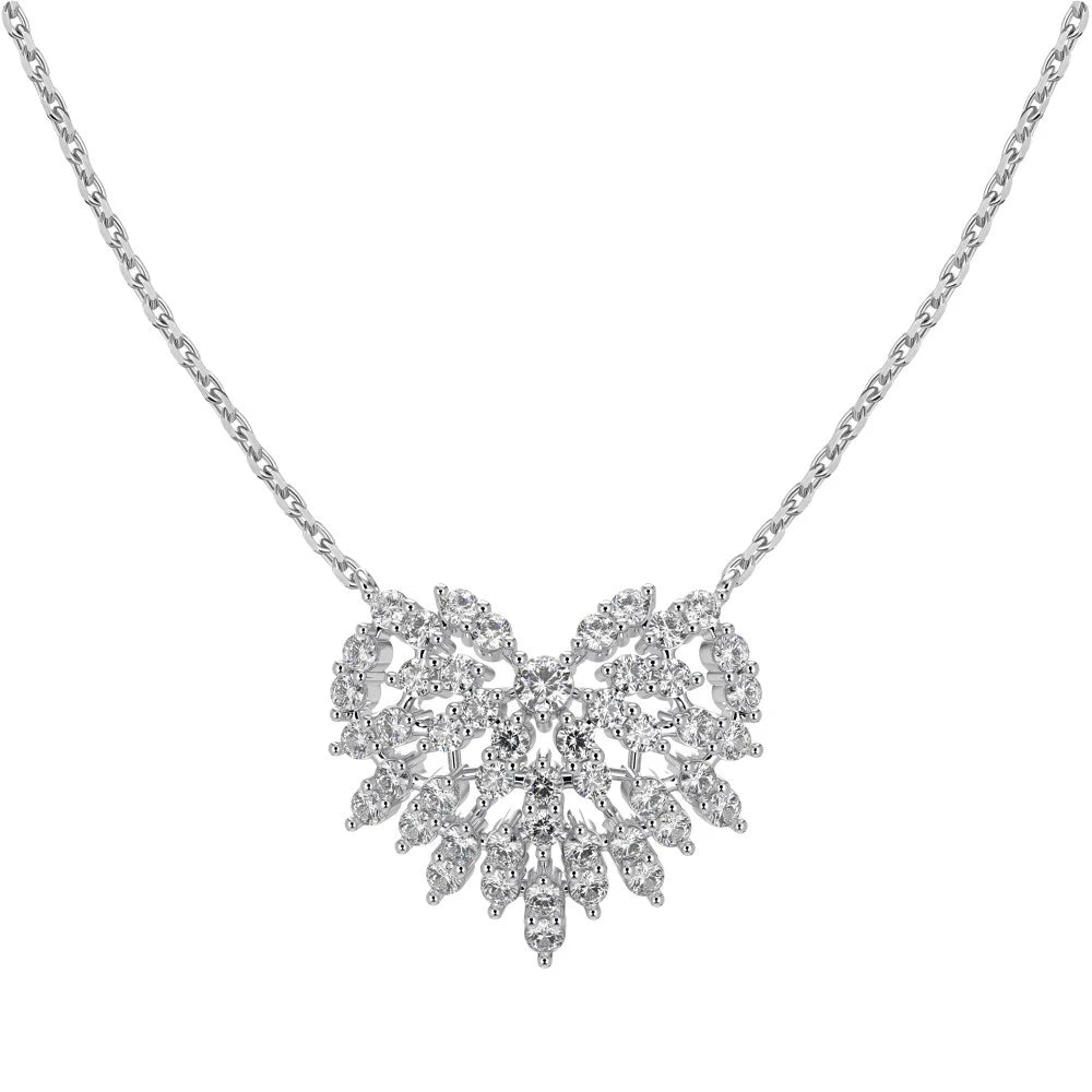 Silver Zircon Round Cut Iced Heart Pendant Necklace