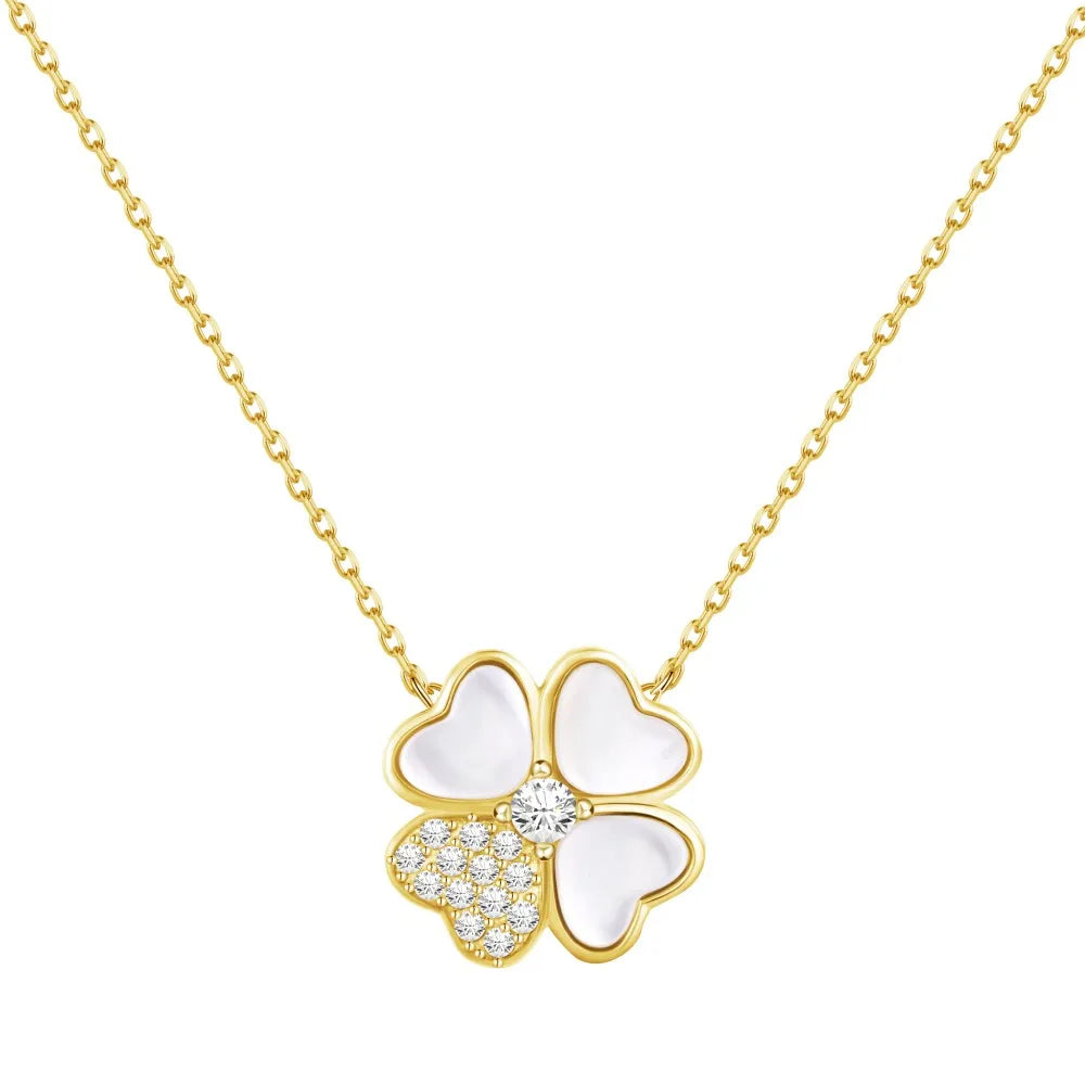 Silver Zircon Round Cut 4 Leaf Clover Pendant Necklace