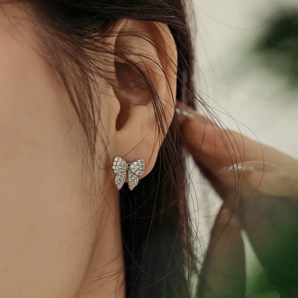 Silver Zircon Round Cut Iced Butterfly Ear Studs