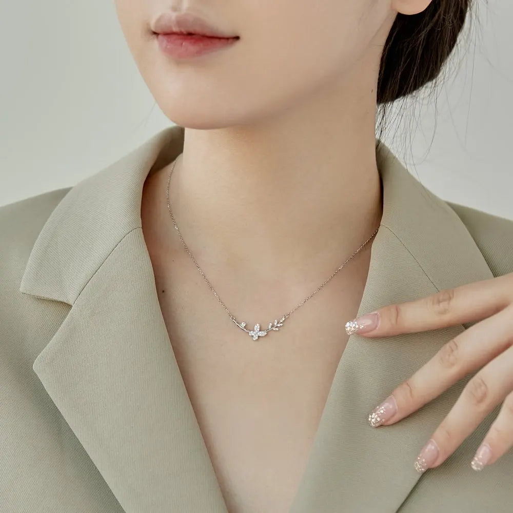 Silver Zircon Round Cut Butterfly Bar Necklace