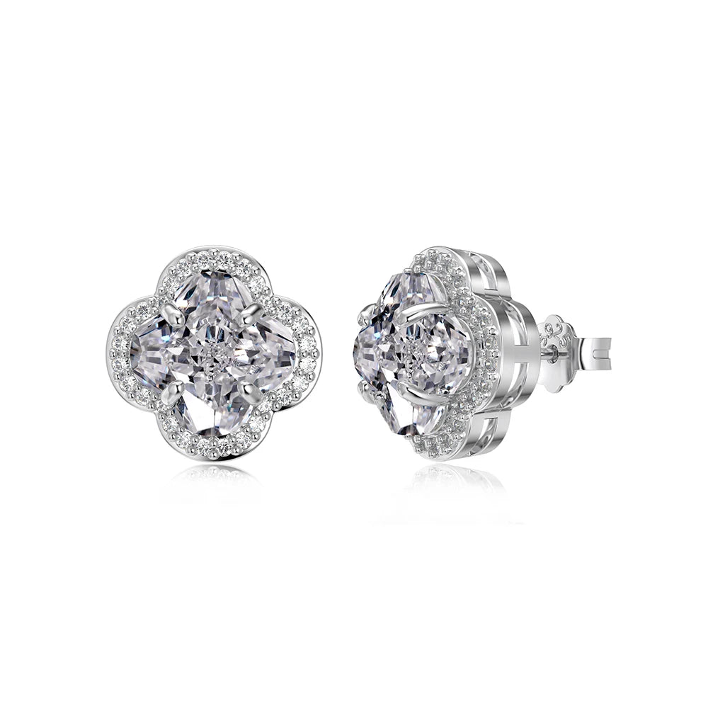 Silver Zircon Clover Cut Halo Ear Studs