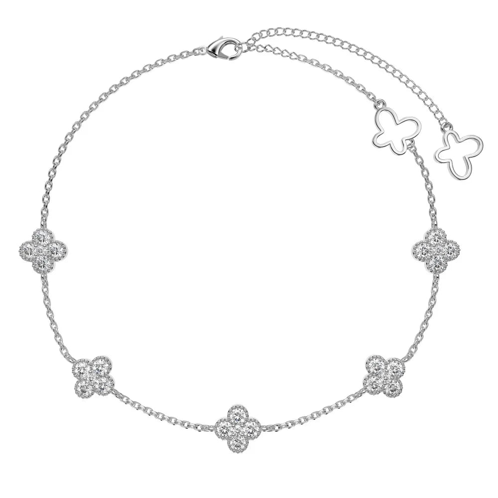 Silver Zircon Round Cut Clover Anklet