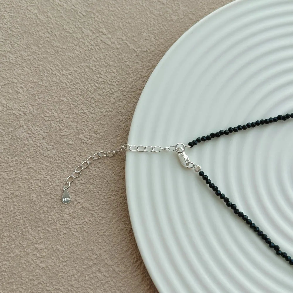 Silver Onyx Round Cut Simple Beaded Necklace