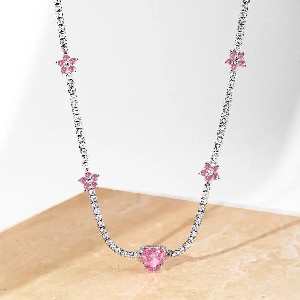 Silver Zircon Heart Cut Flower Tennis Necklace
