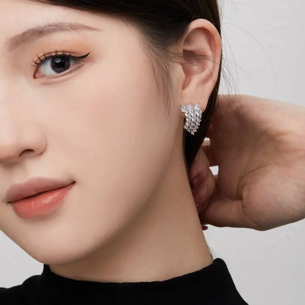 Silver Zircon Round Cut Tassel Ear Studs