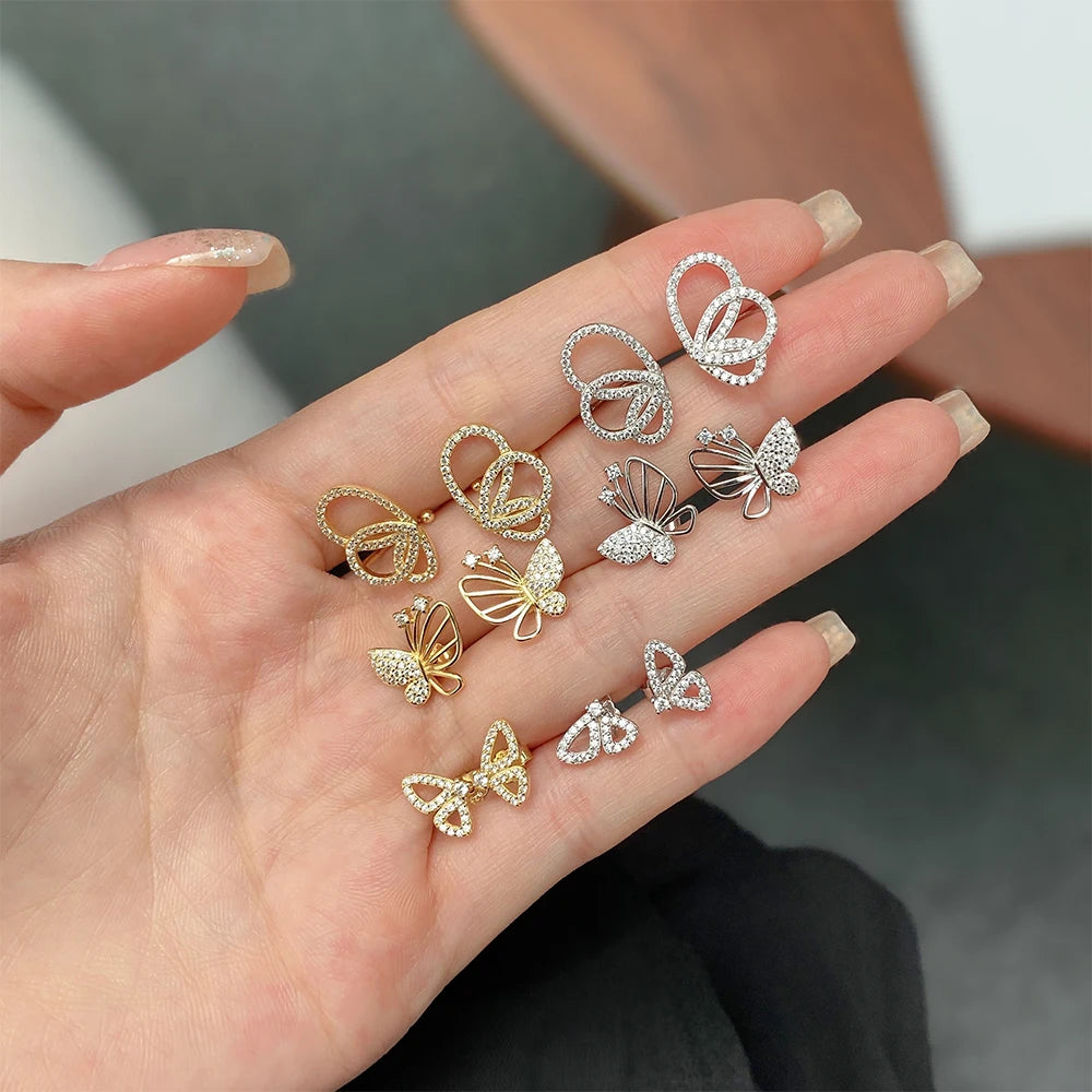 Silver Zircon Round Cut Butterfly Wings, Inlaid Butterfly Wings Ear Studs
