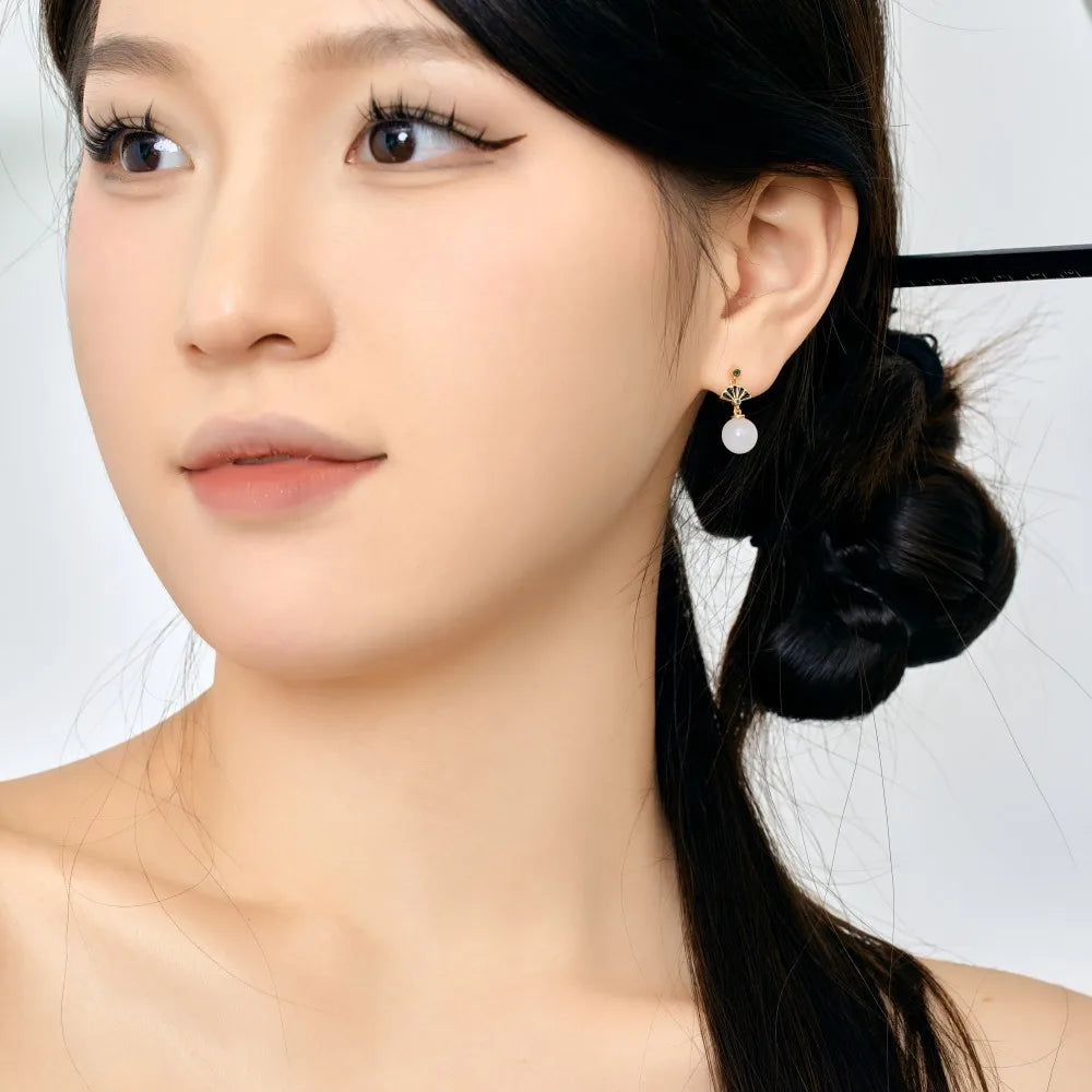 Silver Jade Cut Folding Fan Drop Earrings