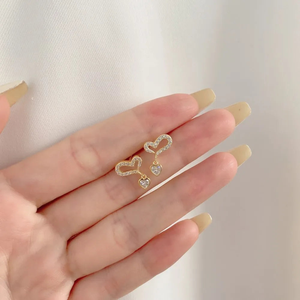 Silver Zircon Heart Cut Inner Inlaid Drop Earrings