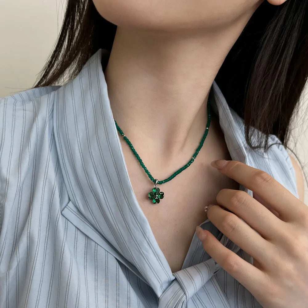 Silver Zircon Heart Cut 4 Leaf Clover Beaded Necklace