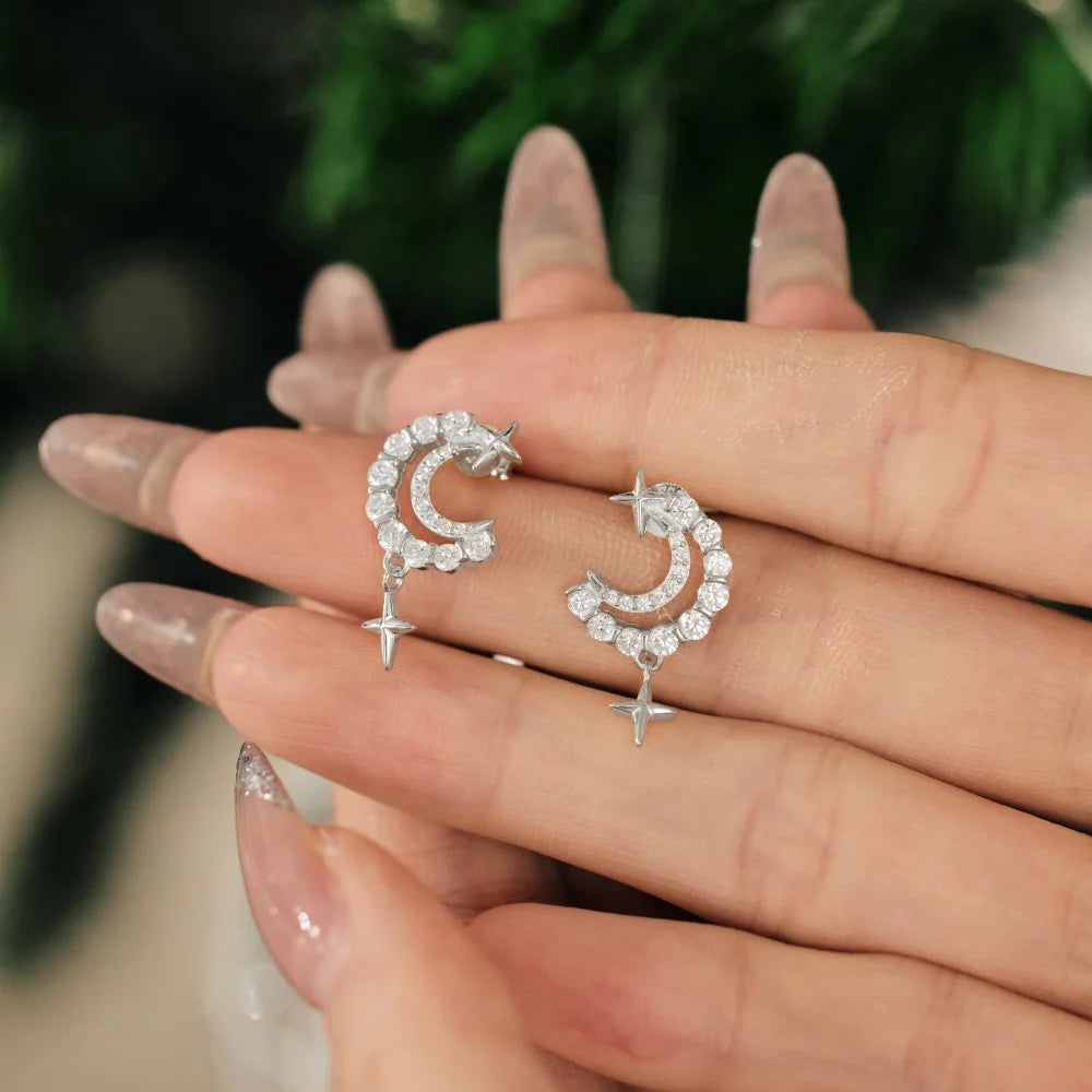 Silver Zircon Round Cut Moon Star Drop Earrings