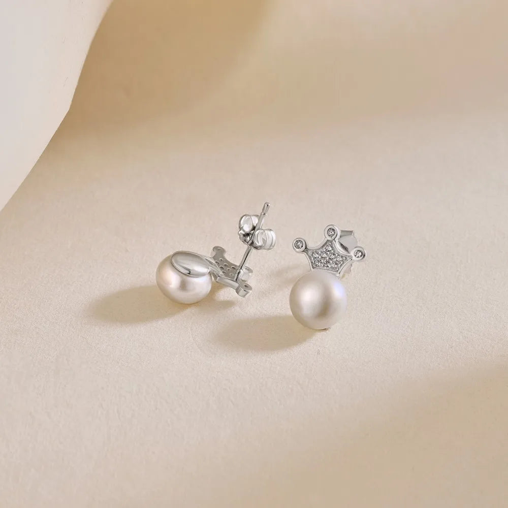 Silver Pearl Crown Ear Studs