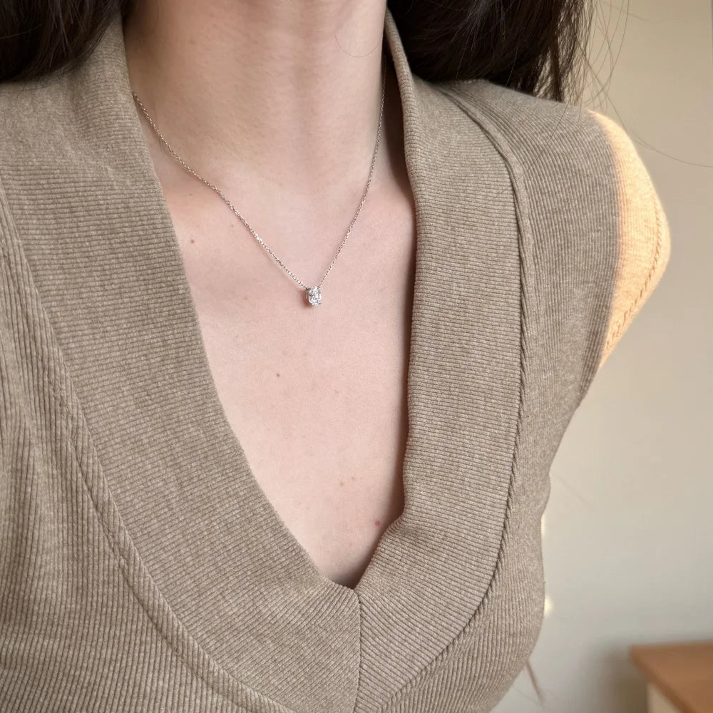 Silver Zircon Oval Cut Small Single Pendant Necklace