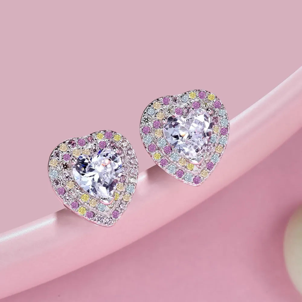 Silver Zircon Heart Cut Iced Inlaid Halo Ear Studs