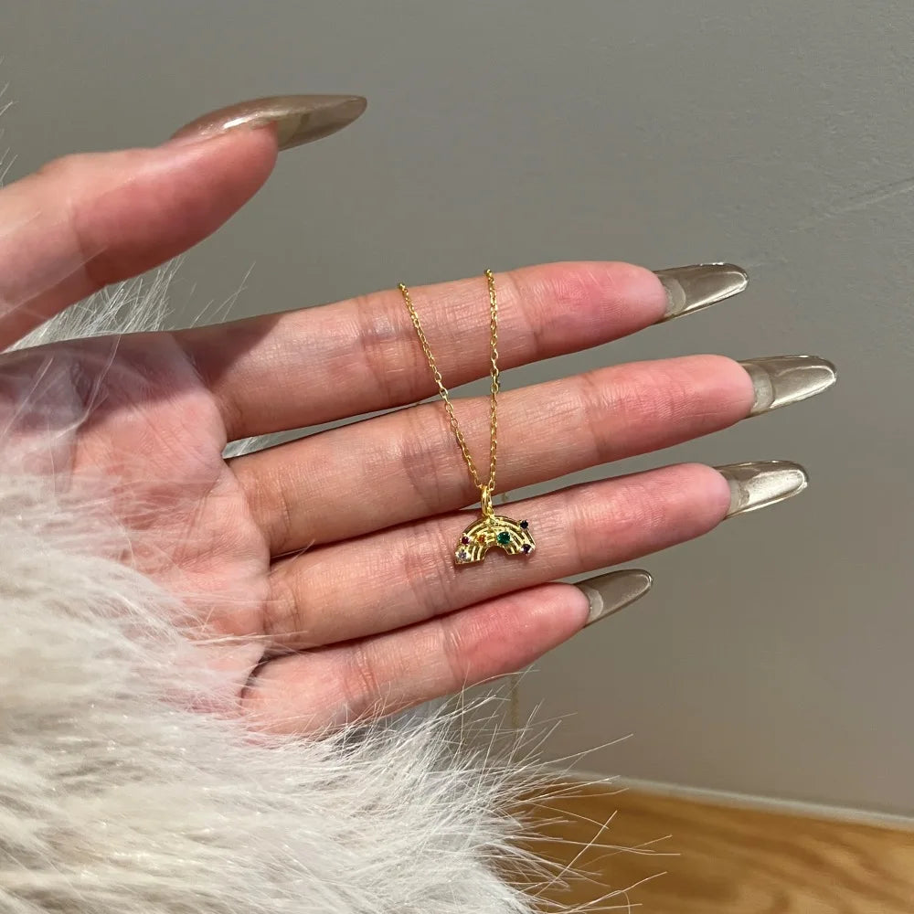 Silver Zircon Round Cut Rainbow Pendant Necklace