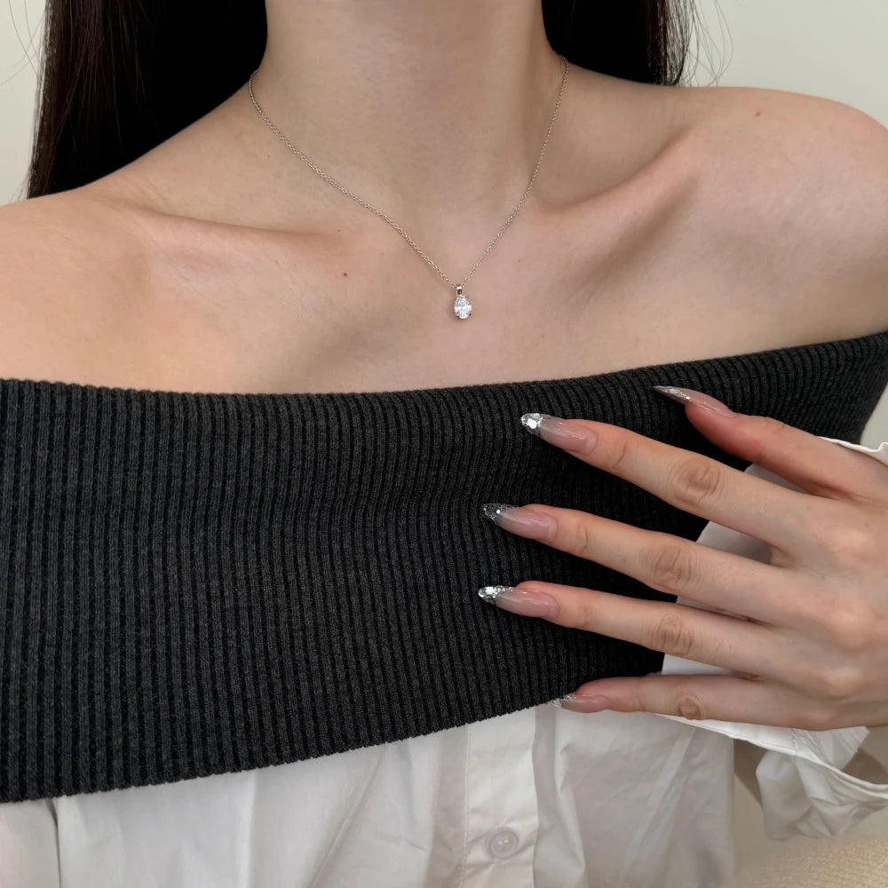 Silver Zircon Oval Cut Egg Pendant Necklace