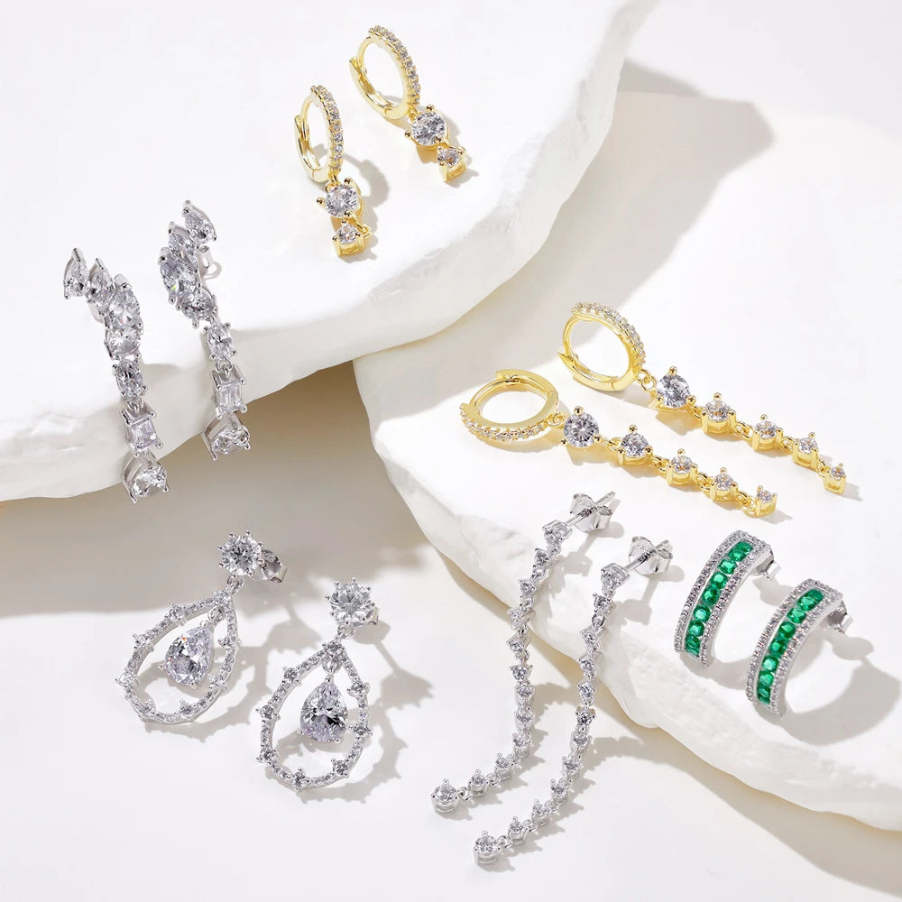 Silver Zircon Round Cut Drop Stacked Ear Hoops