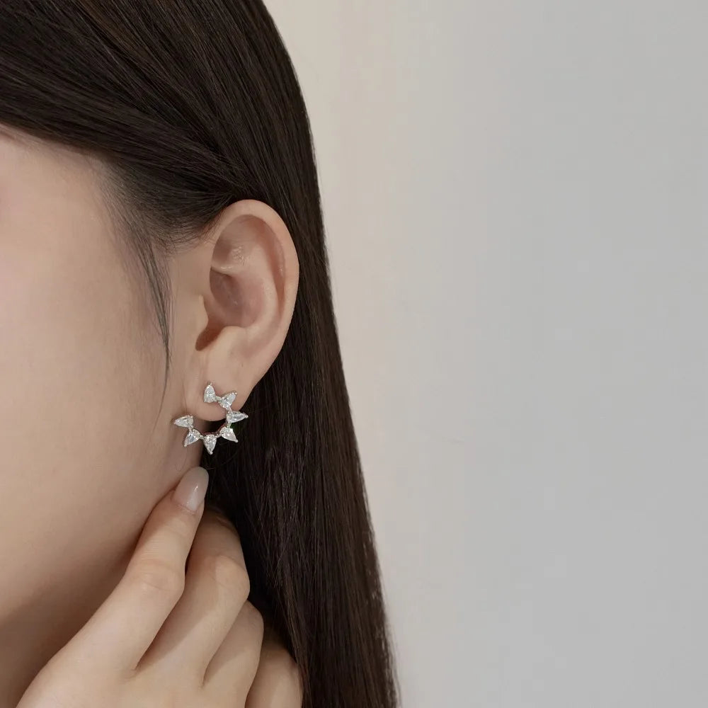Silver Zircon Pear Cut Inlaid Layered Flower Ear Studs