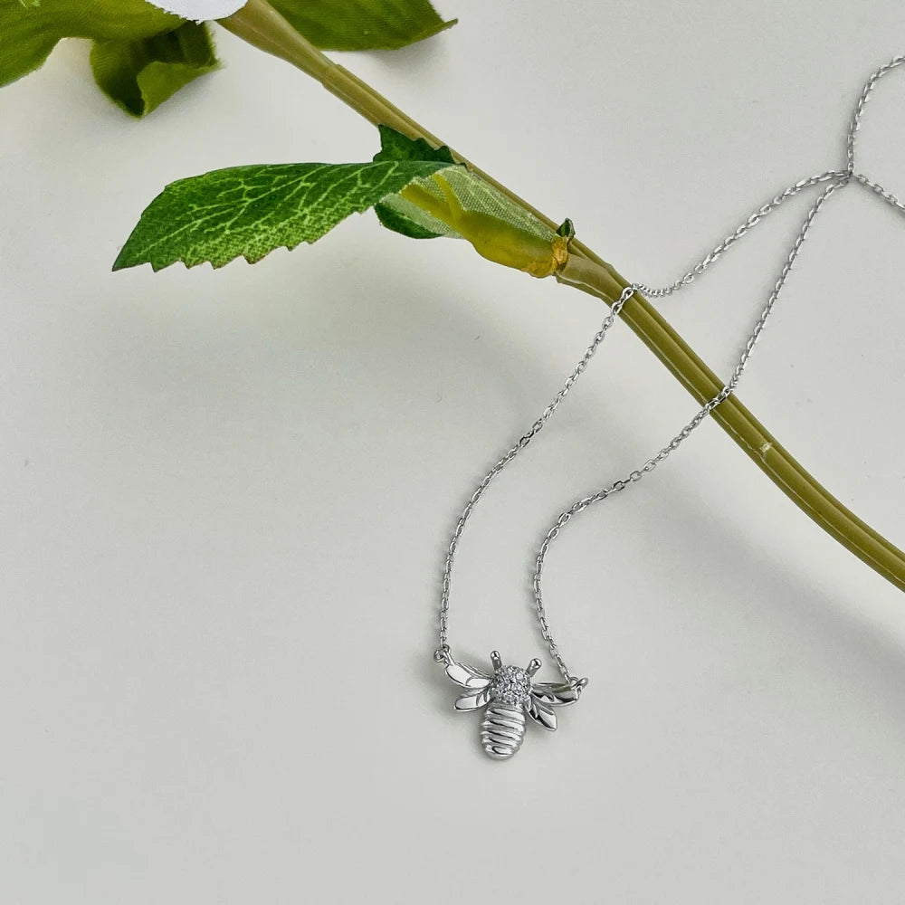 Silver Zircon Round Cut Bee Pendant Necklace