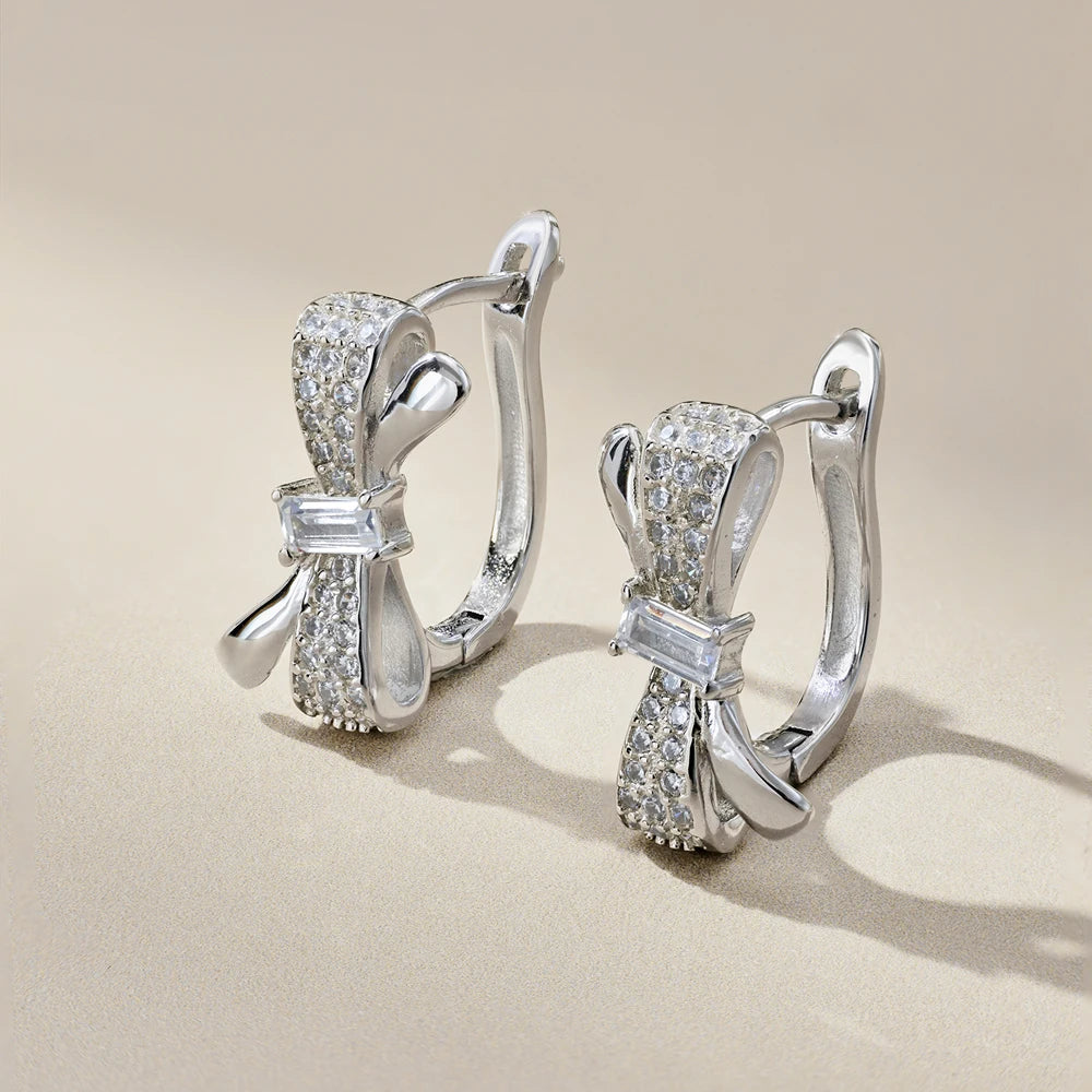 Silver Zircon Baguette Cut Bow Ear Hoops