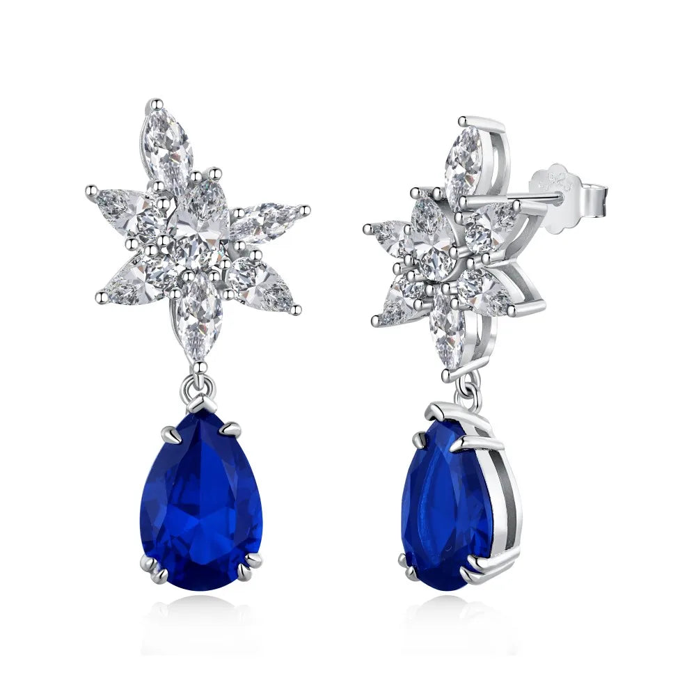 Silver Zircon Pear Cut Flower Drop Earrings