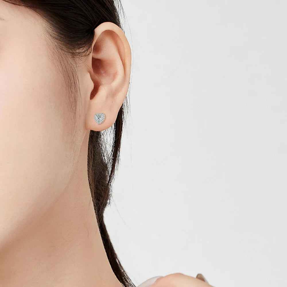 Silver Zircon Heart Cut Iced Halo Ear Studs