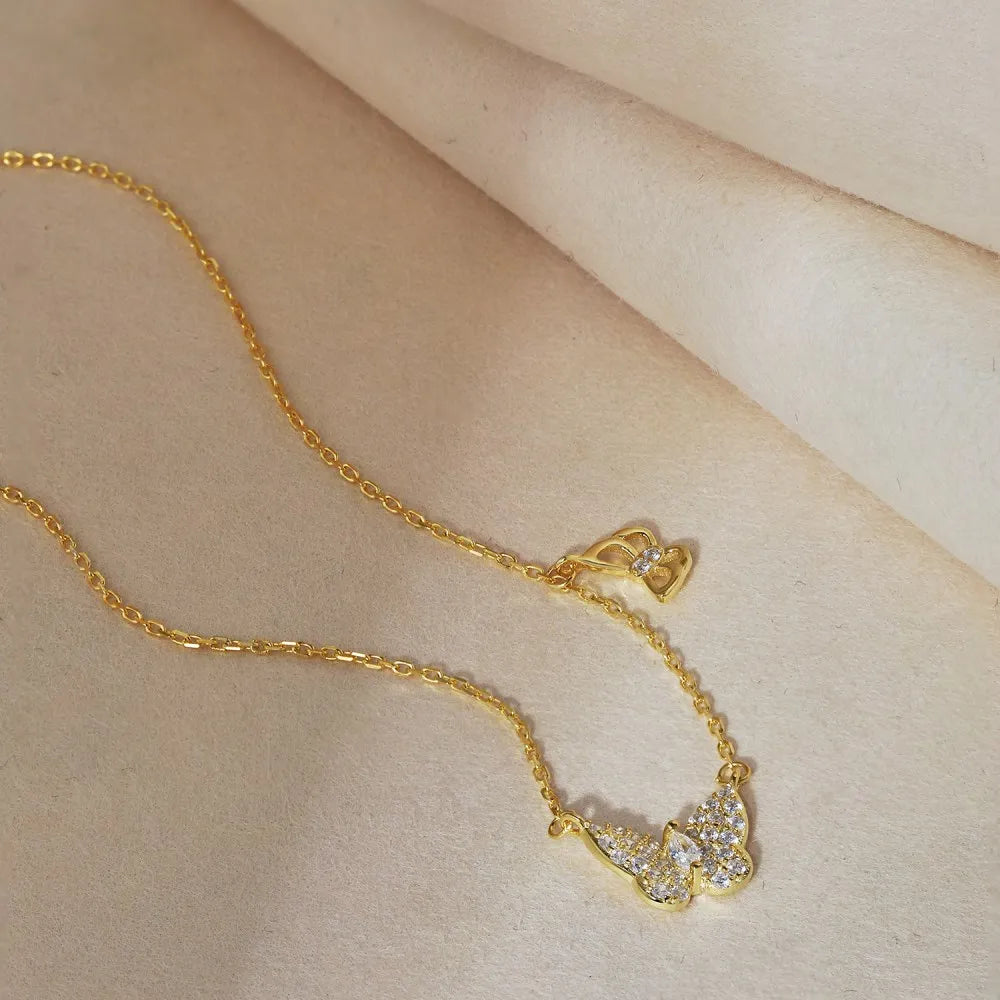 Silver Zircon Marquise Cut Inlaid Butterfly Pendant Necklace