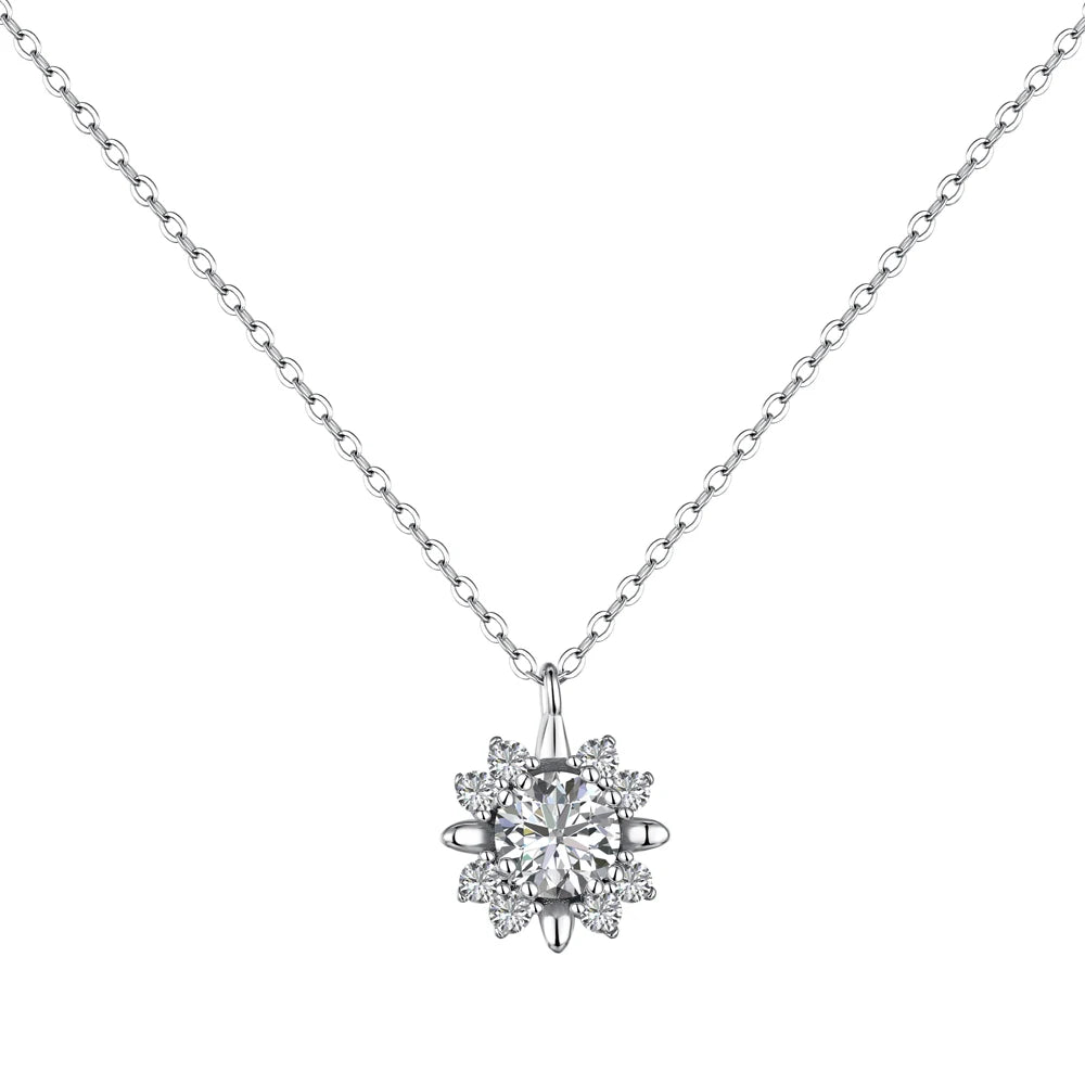 Silver Zircon Round Cut Iced Snowflake Pendant Necklace