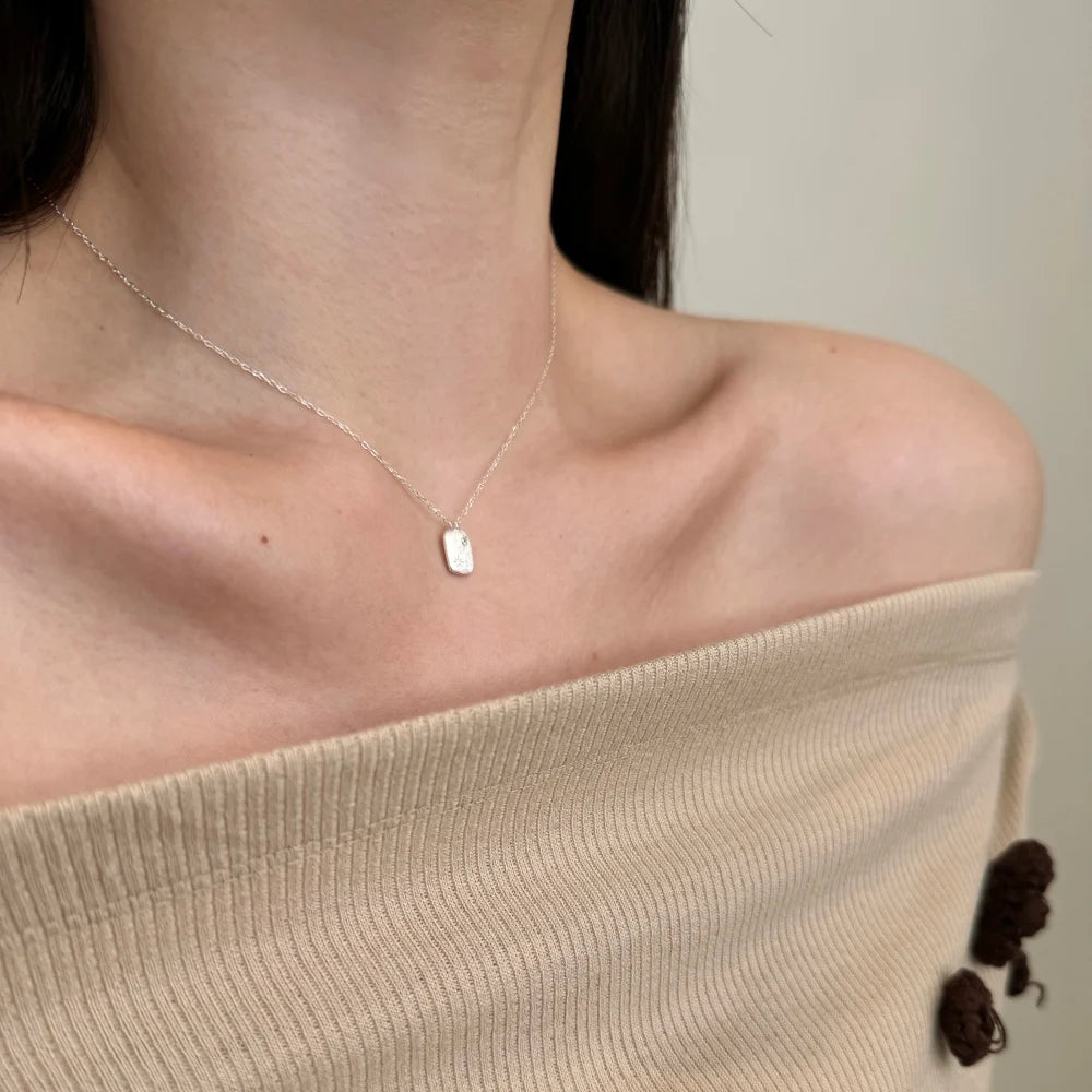 Silver Zircon Round Cut Brushed Tag Pendant Necklace