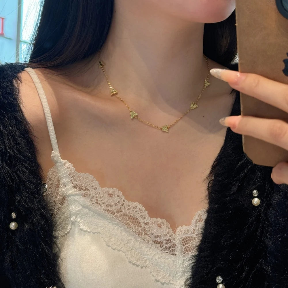 Silver Brushed Layered Butterfly Chain Necklace