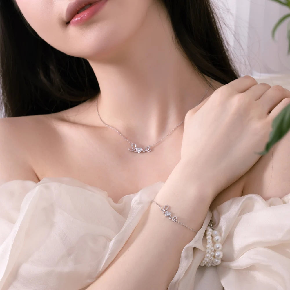 Silver Zircon Round Cut Love Bar Necklace