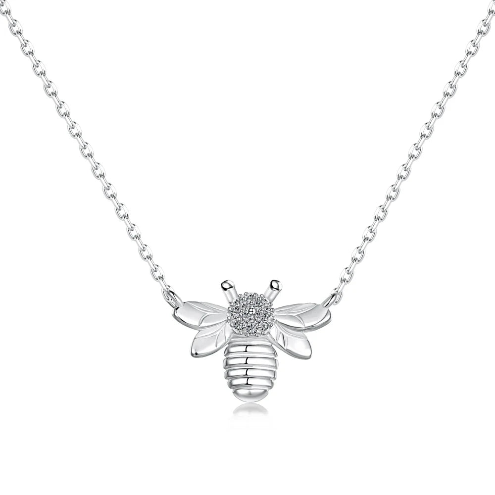 Silver Zircon Round Cut Bee Pendant Necklace