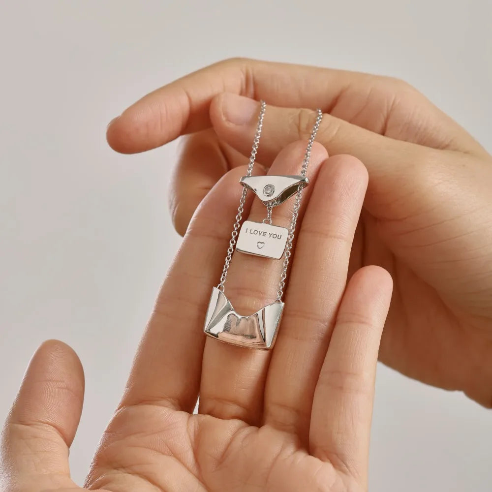 Silver Zircon Round Cut Envelope Pendant Necklace