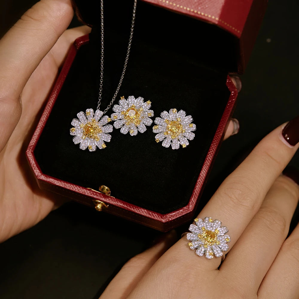 Silver Zircon Cushion Square Cut Daisy Jewelry Set