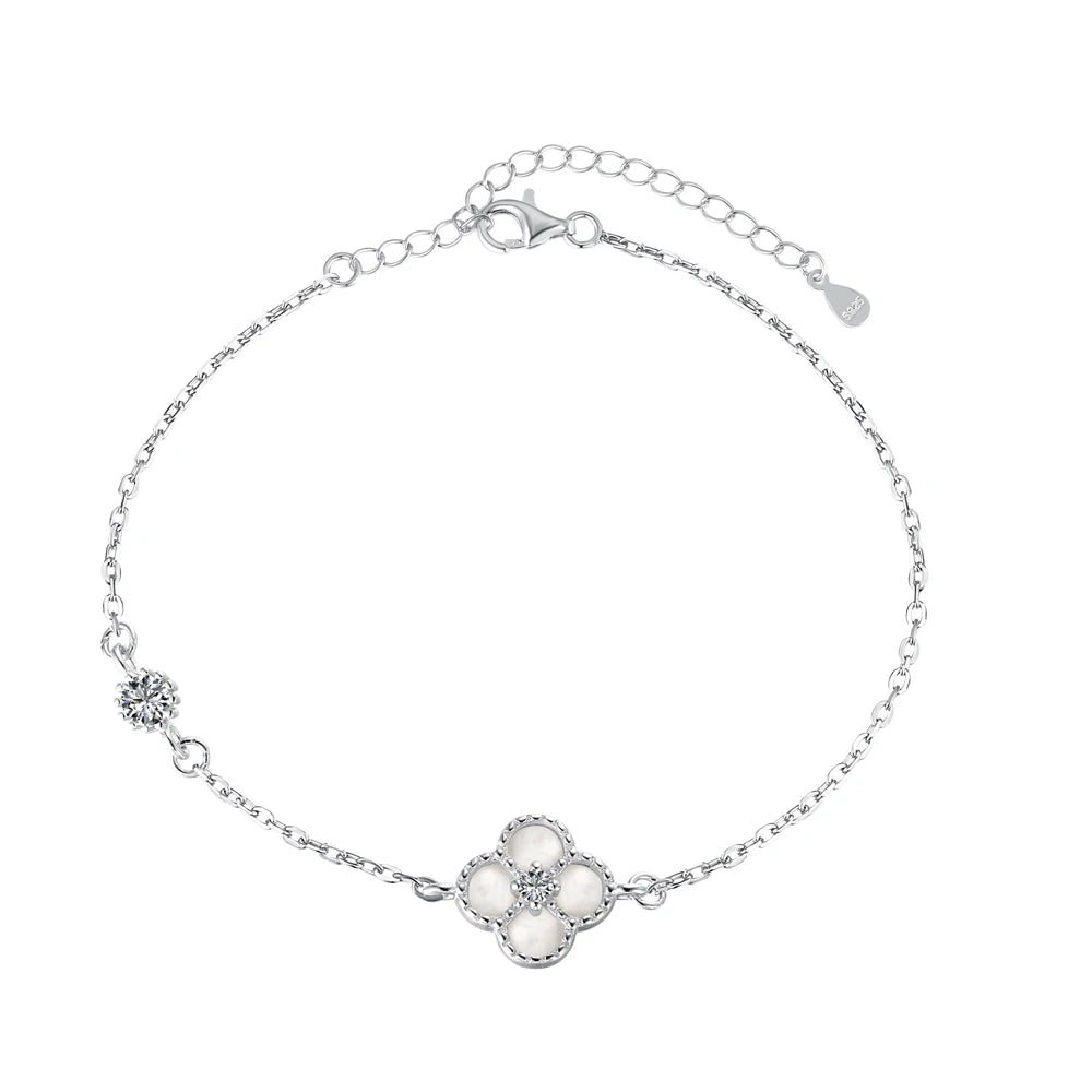 Silver Zircon Round Cut Clover Chain Bracelet