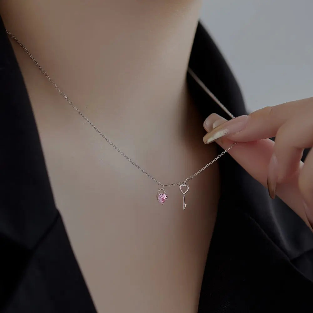 Silver Zircon Heart Cut Love Key Pendant Necklace