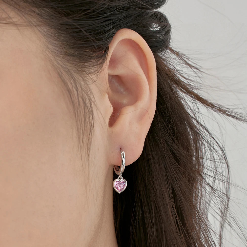 Silver Zircon Heart Cut Drop Huggie Earrings