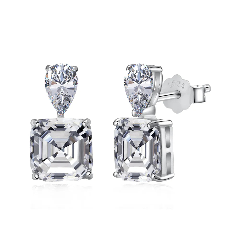 Silver Zircon Emerald Square Cut Squared Tear Ear Studs