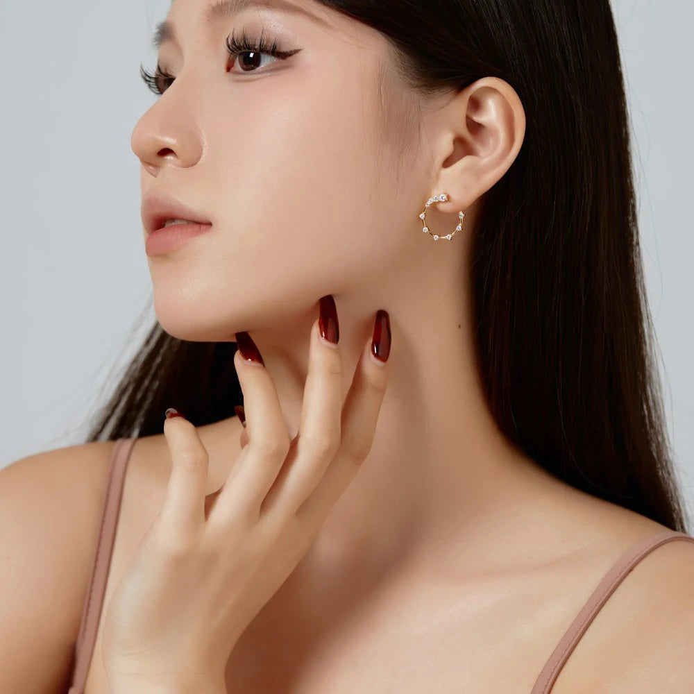 Silver Zircon Round Cut Inlaid Spiky Ear Studs