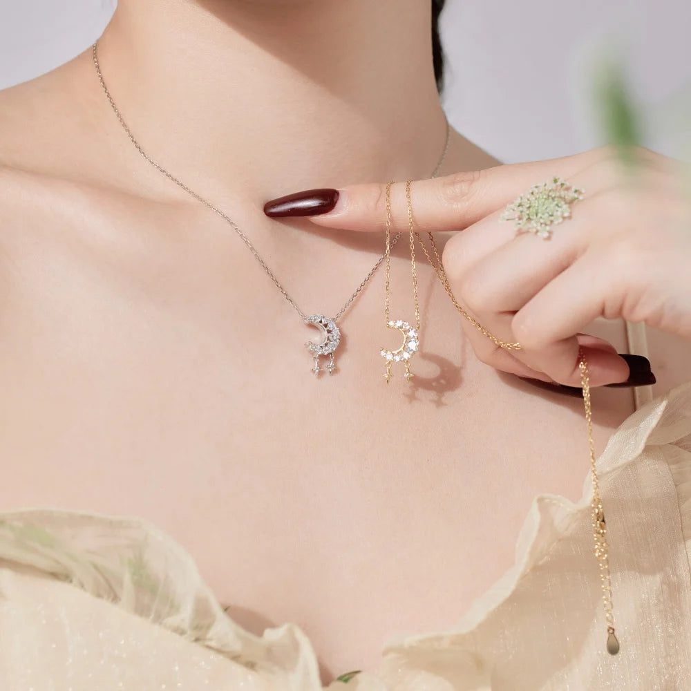 Silver Zircon Heart Cut Crescent Pendant Necklace