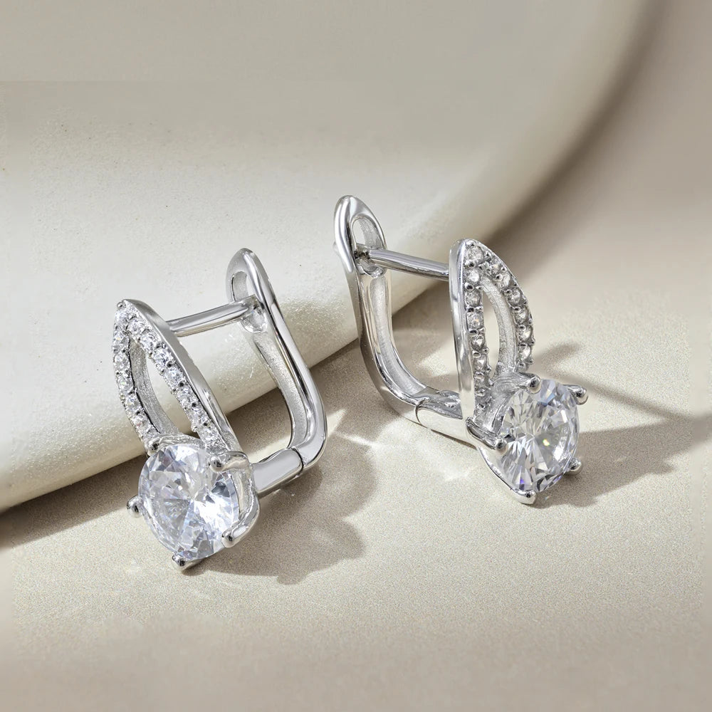 Silver Zircon Round Cut Leaf Huggie Earrings