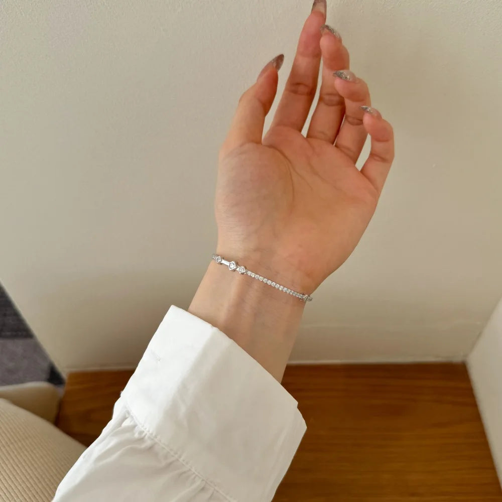 Silver Zircon Round Cut Link Bangle Bracelet