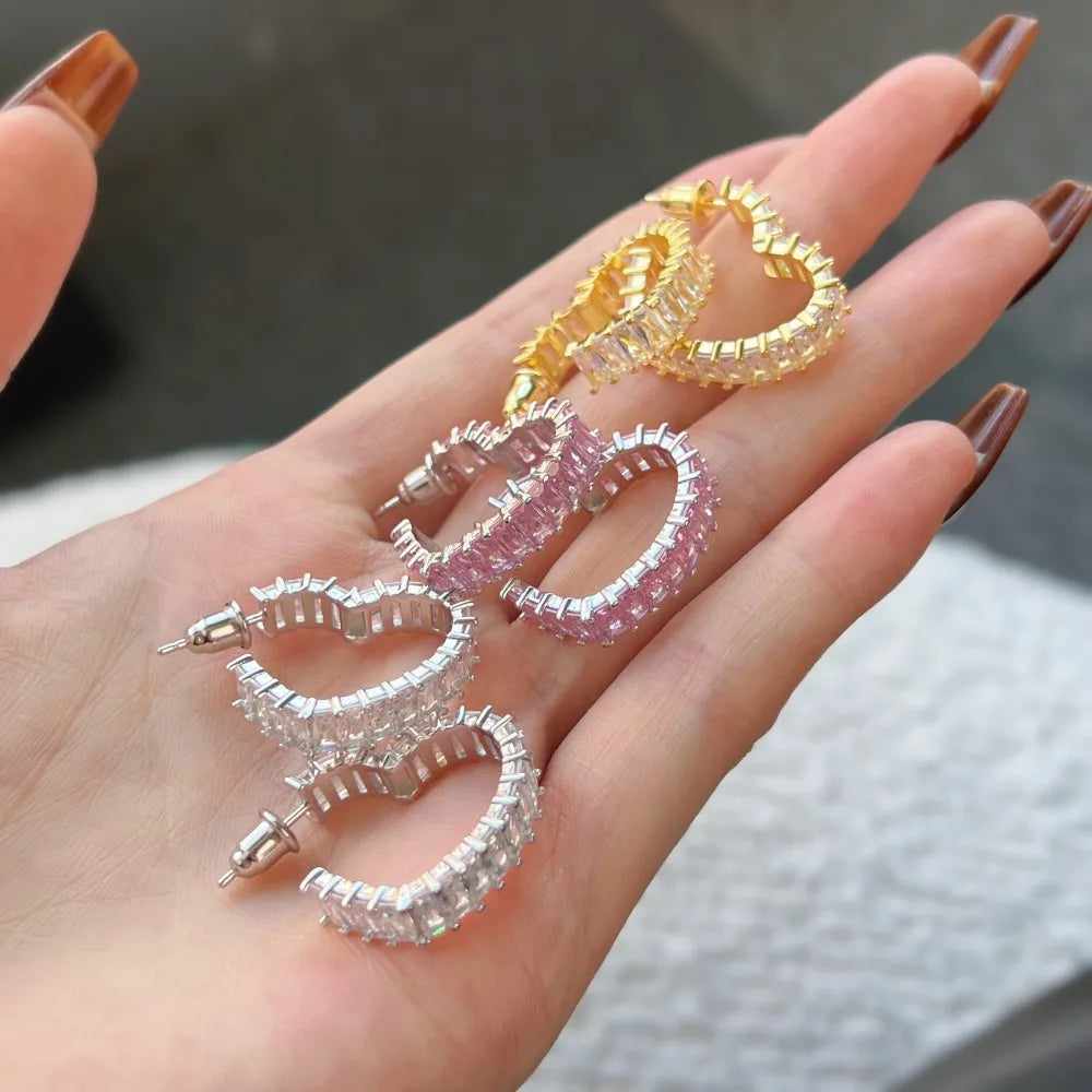 Silver Zircon Cushion Cut Heart Inlaid Ear Hoops