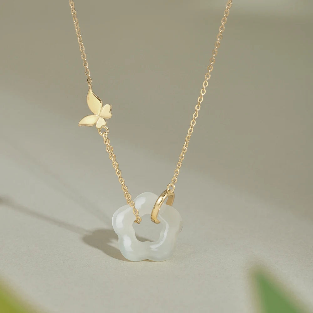 Silver Jade Cut Flower Pendant Necklace