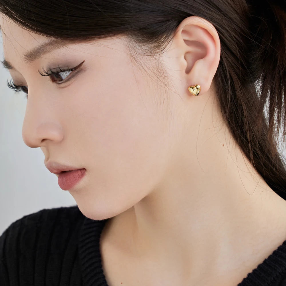 Silver Zircon Round Cut Inlaid Heart Ear Studs