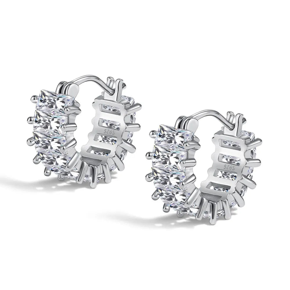 Silver Zircon Cushion Cut Chunky Inlaid Ear Hoops