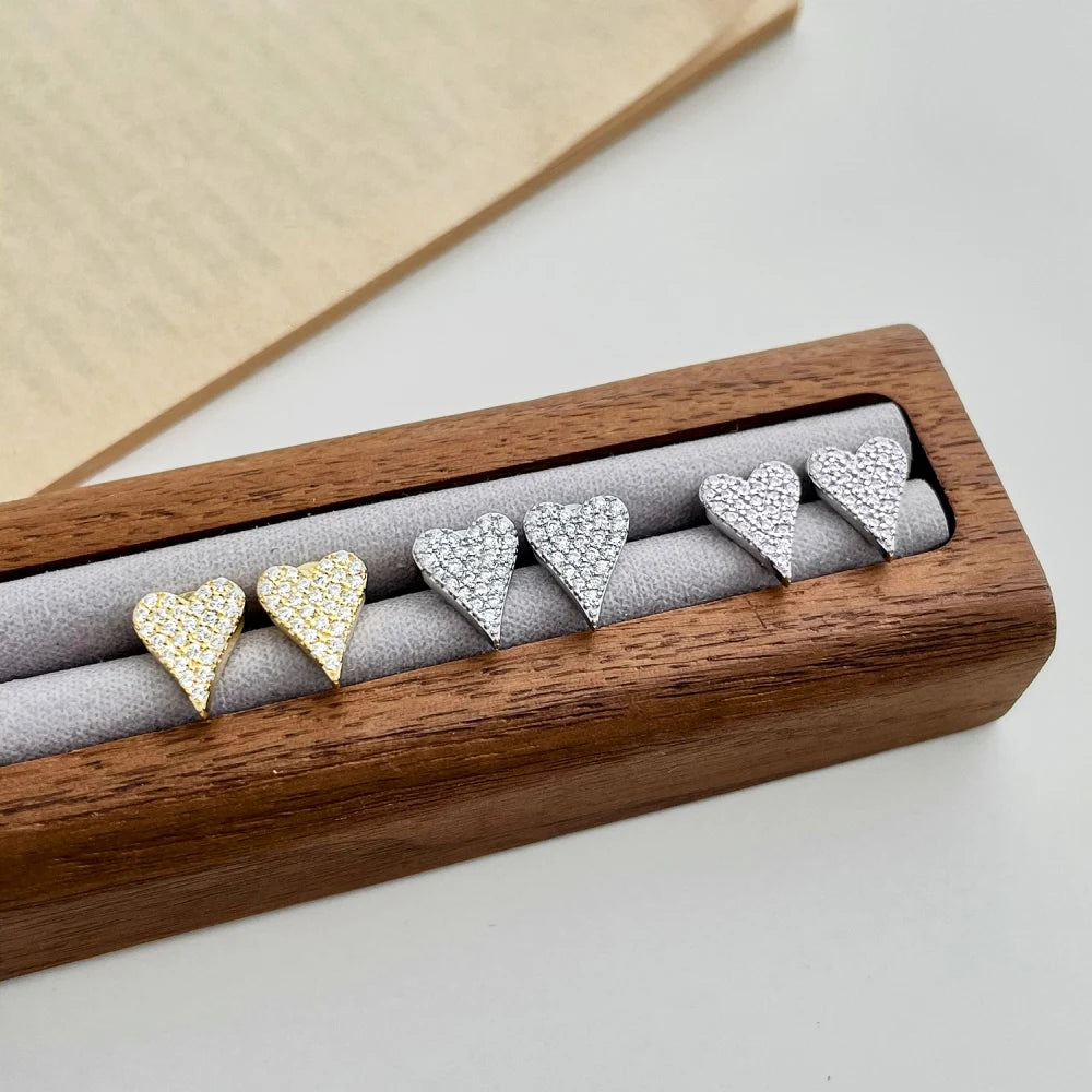 Silver Zircon Round Cut Iced Heart Ear Studs