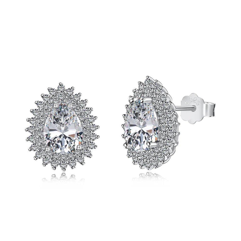 Silver Zircon Pear Cut Double Layer Water Drop Ear Studs