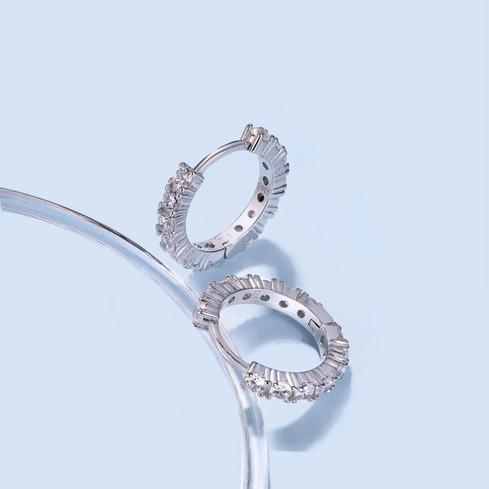 Silver Zircon Round Cut Inlaid Ear Hoops