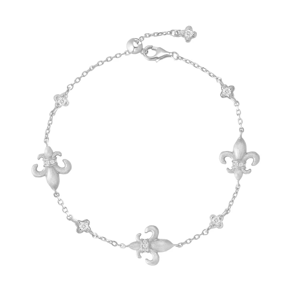 Silver Zircon Round Cut Fleur-De-Lis Charm Bracelet