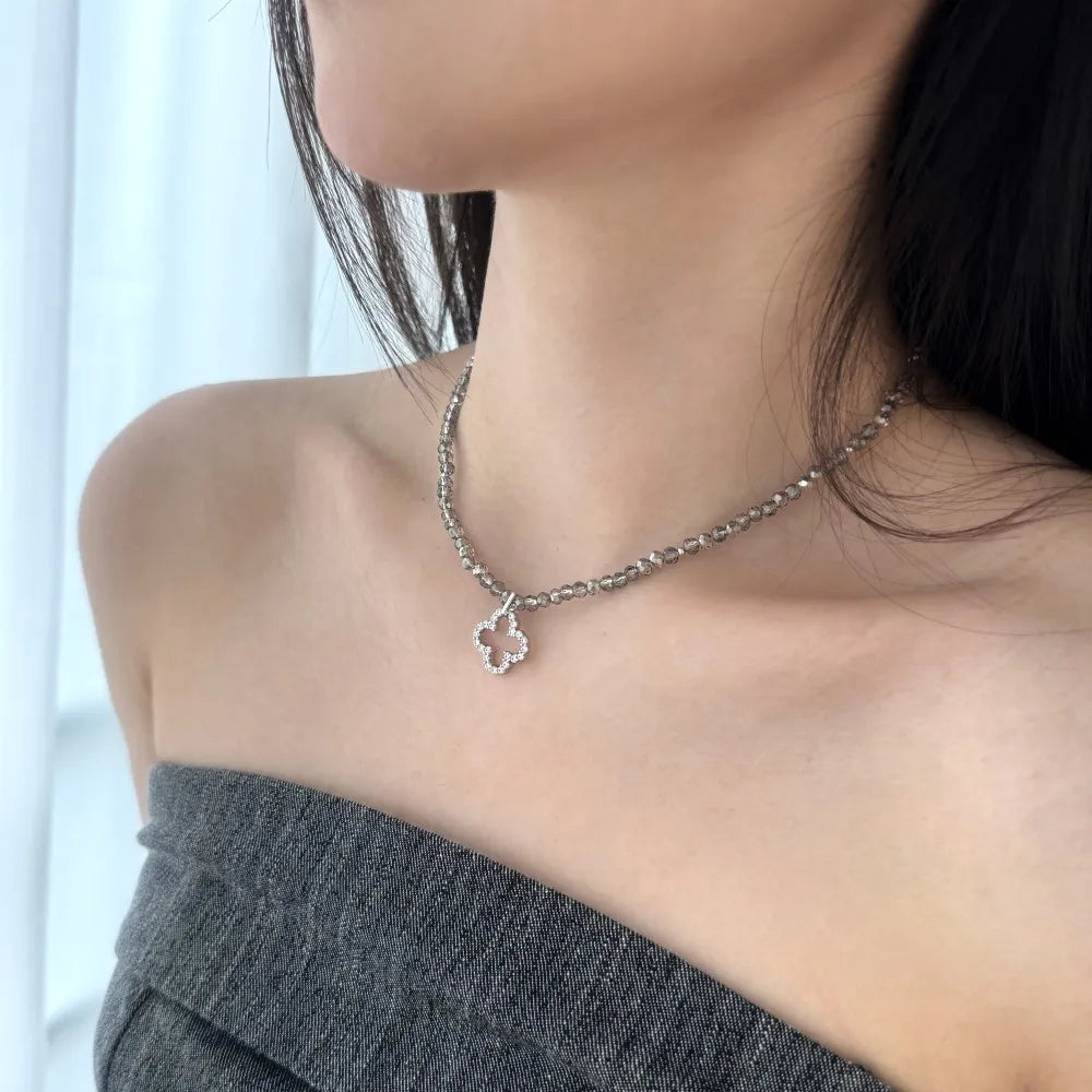 Silver Zircon Round Cut Clover Beaded Necklace